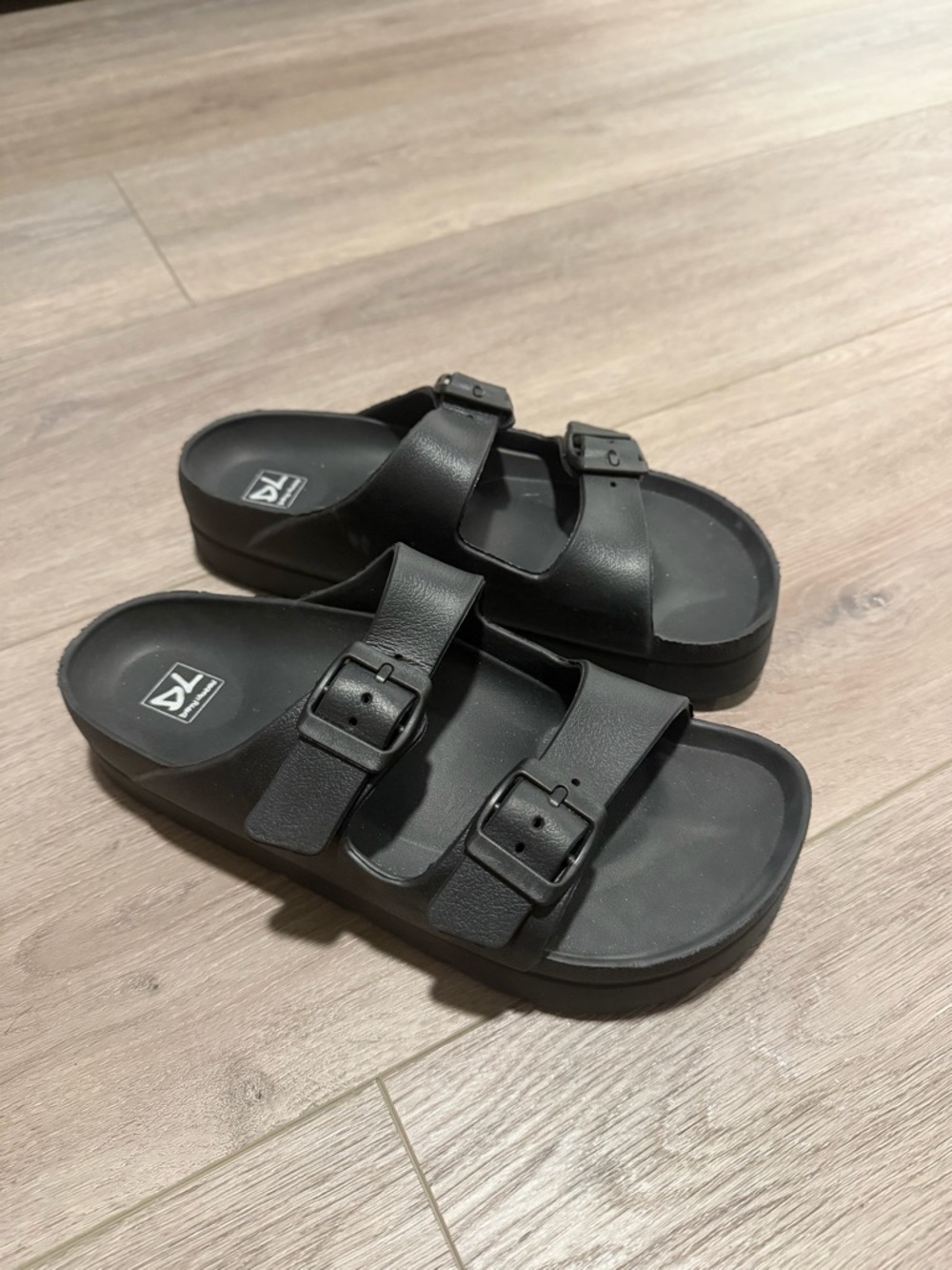 Black Double-Buckle Slide Sandals